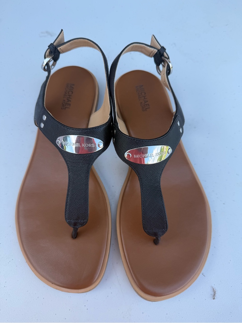 Michael Kors Black and Brown T-Strap Logo Sandals